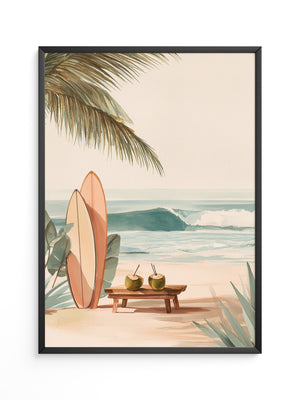 Surfbretter Strand Palmen Aquarell
