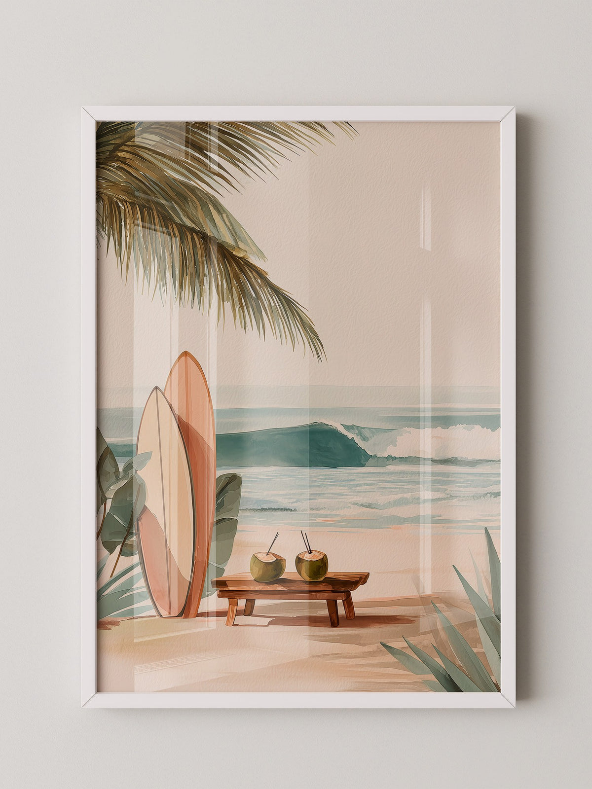 Surfbretter Strand Palmen Aquarell