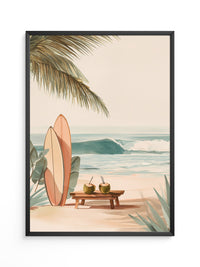 Surfbretter Strand Palmen Aquarell