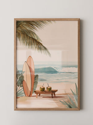 Surfbretter Strand Palmen Aquarell