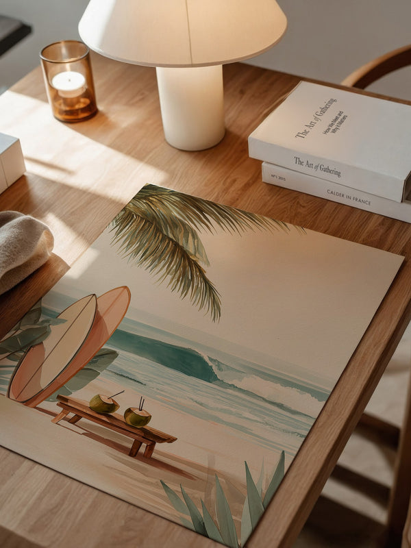 Surfbretter Strand Palmen Aquarell