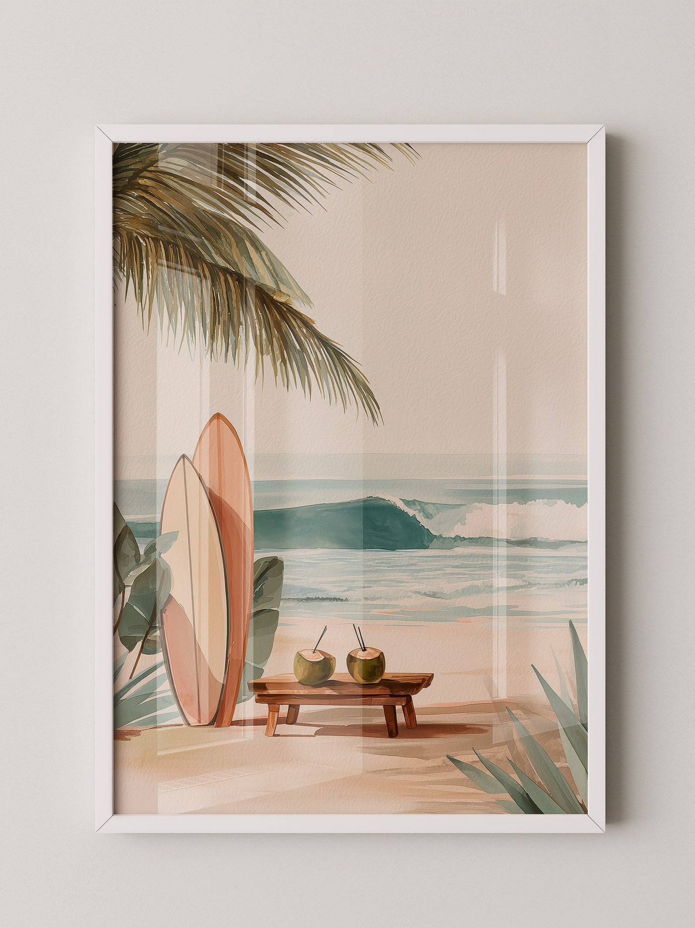 Surfbretter Strand Palmen Aquarell