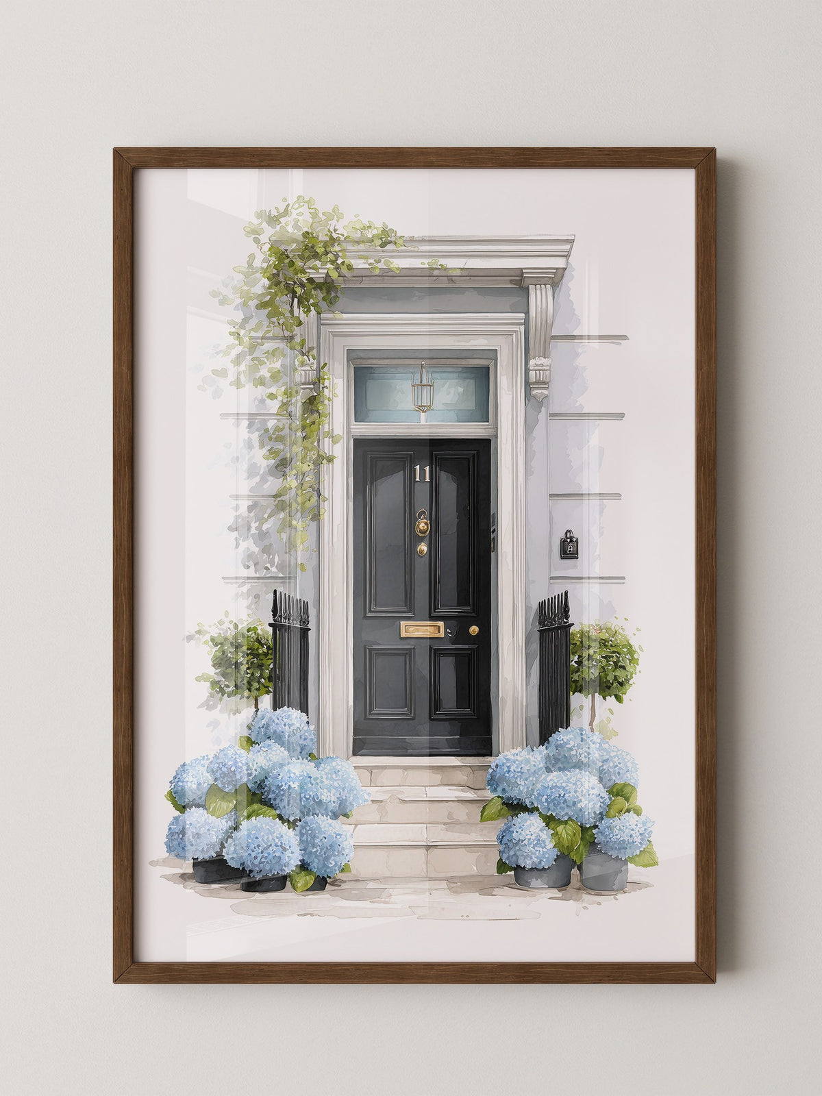 Blaue Hortensien Haustür Aquarell