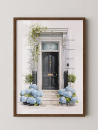 Blaue Hortensien Haustür Aquarell