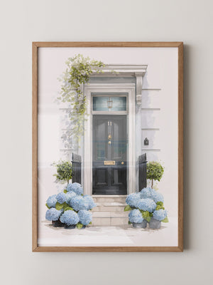 Blaue Hortensien Haustür Aquarell