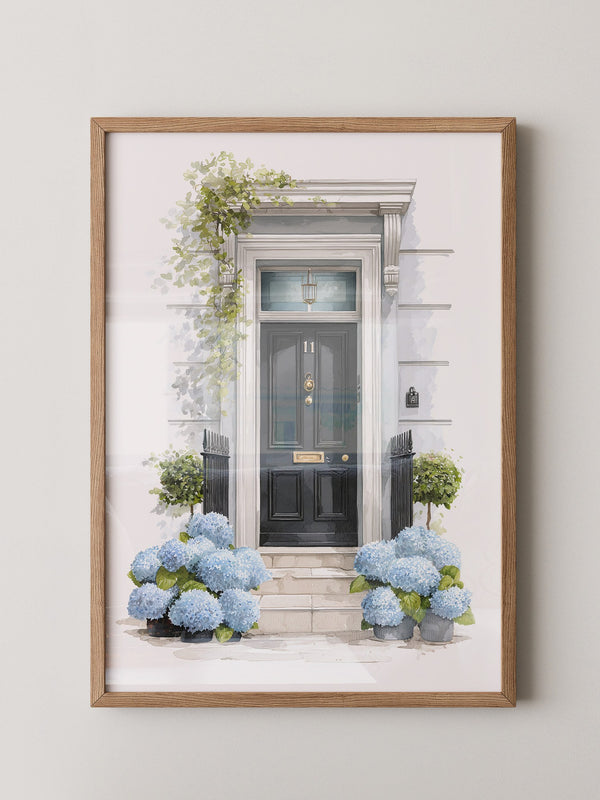 Blaue Hortensien Haustür Aquarell