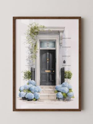 Blaue Hortensien Haustür Aquarell