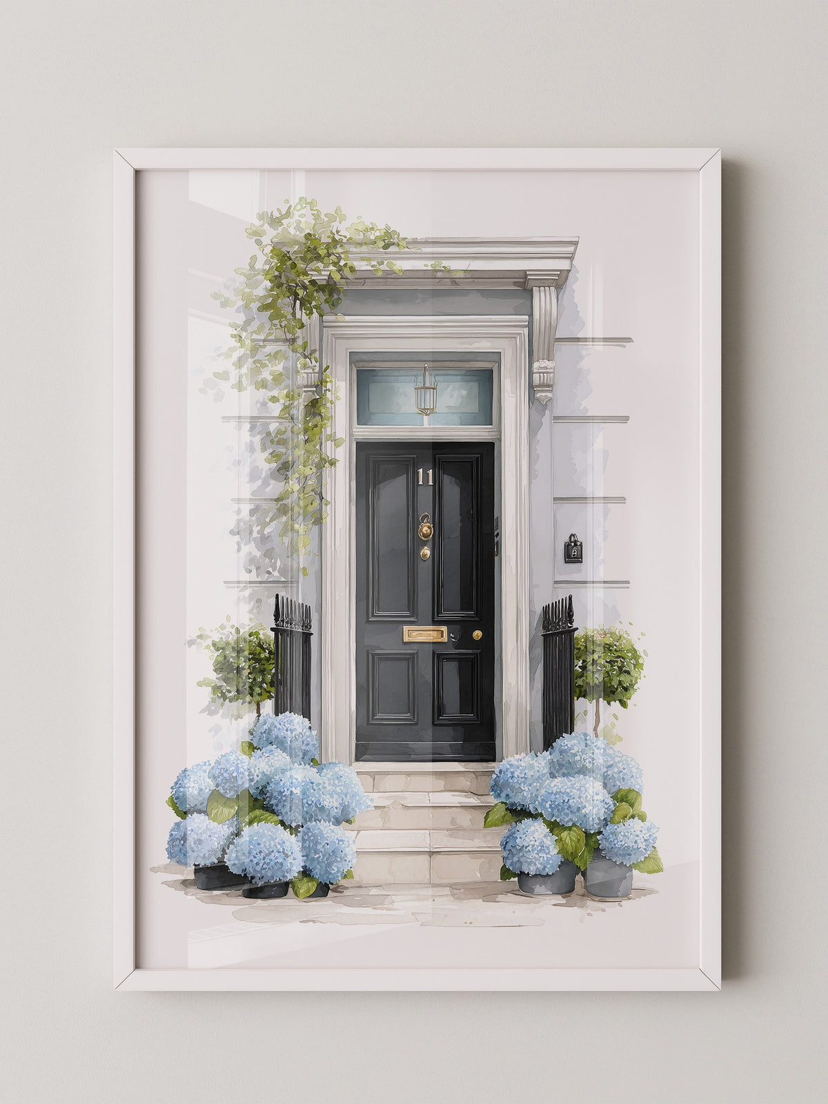 Blaue Hortensien Haustür Aquarell