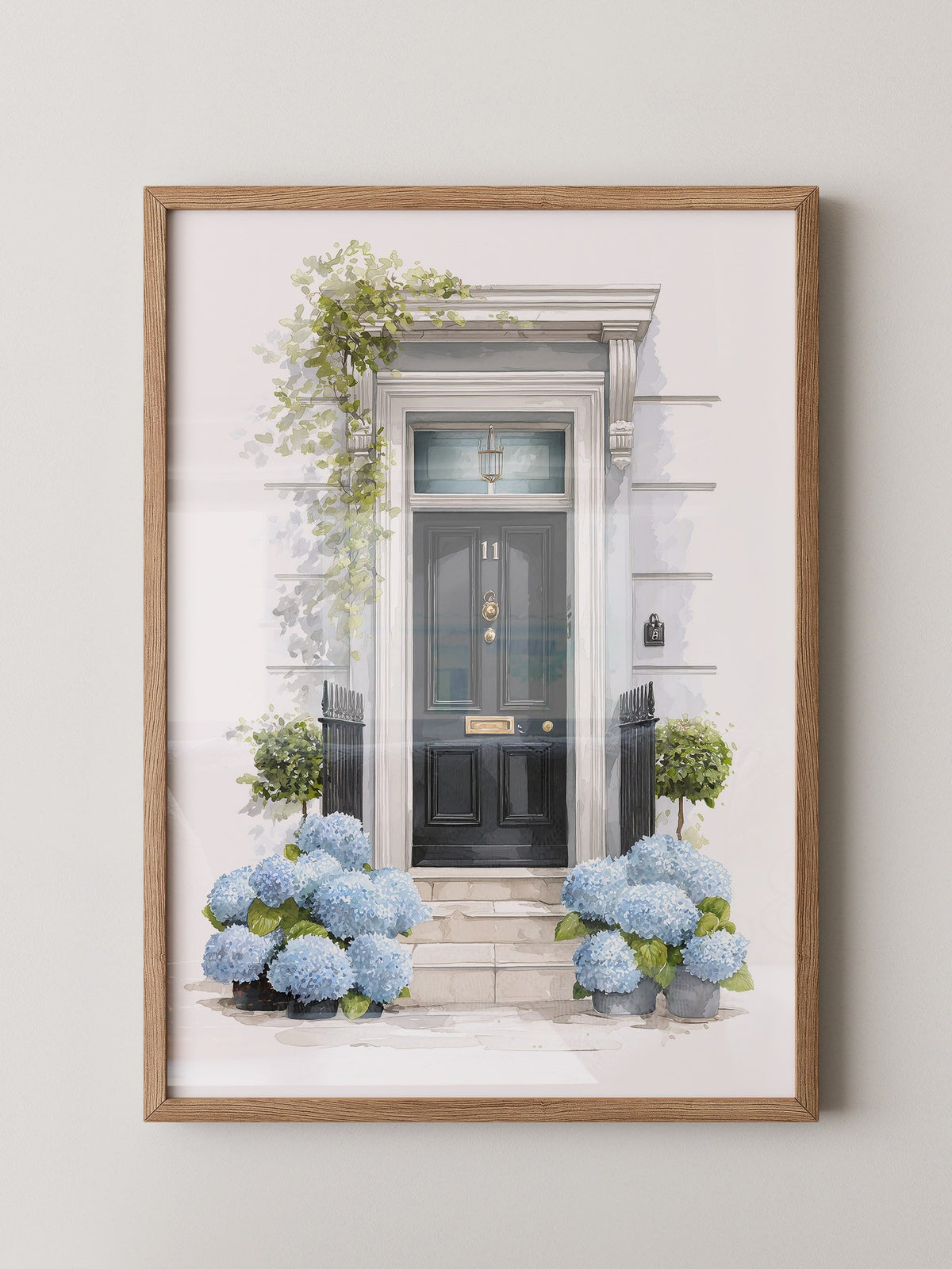 Blaue Hortensien Haustür Aquarell