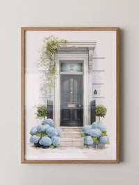 Blaue Hortensien Haustür Aquarell