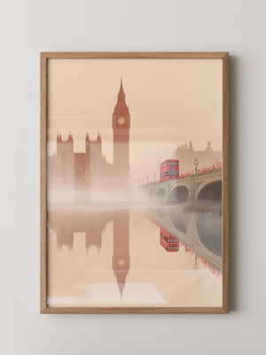 Big Ben und Bus im Nebel
