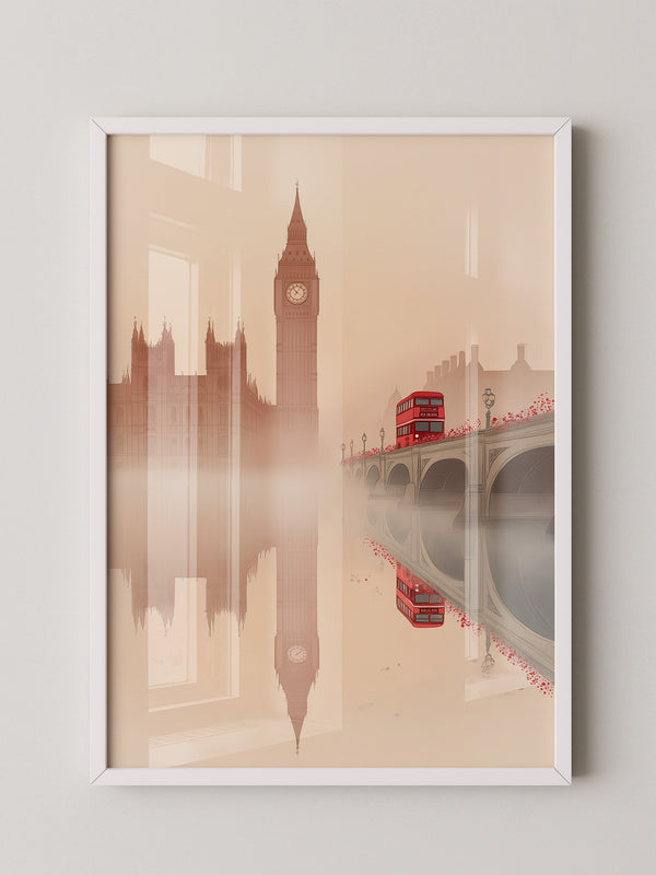 Big Ben und Bus im Nebel