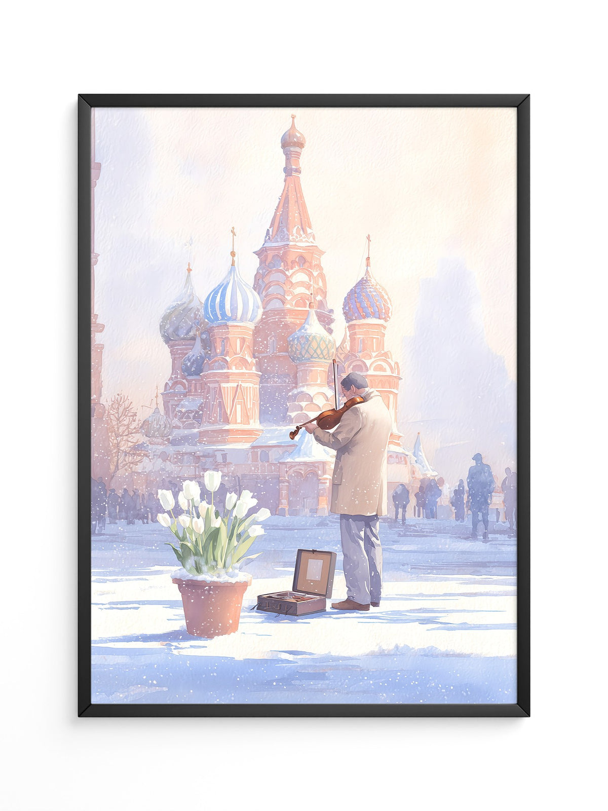 Violinist vor verschneiter Kathedrale