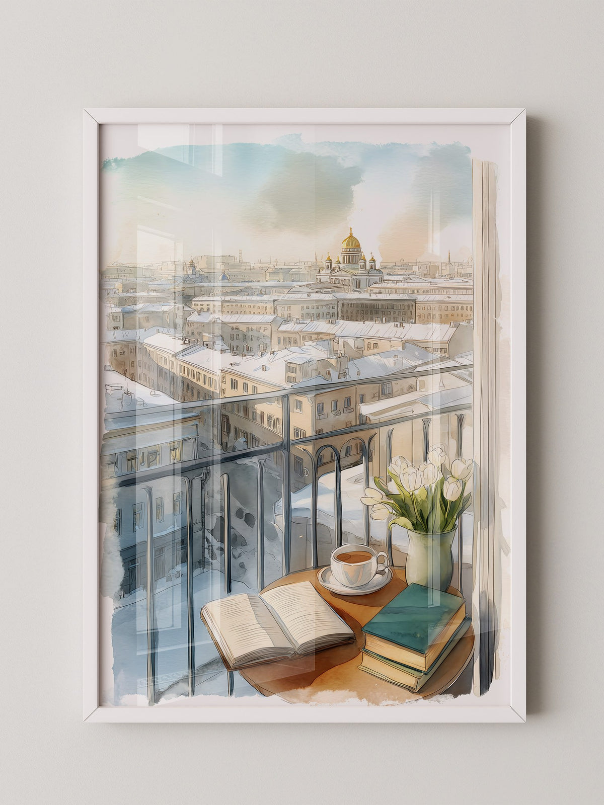 Winterliches Stadtpanorama Aquarell