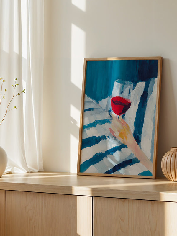 Weinglas Hand Blaue Streifen