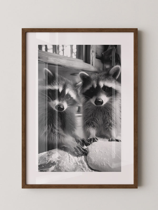 Waschbären Backstube Schwarzweiß