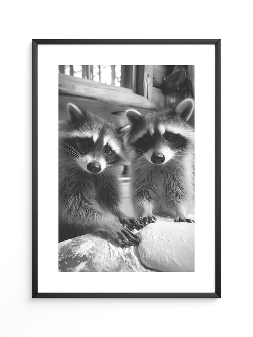 Waschbären Backstube Schwarzweiß