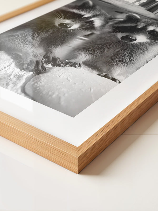 Waschbären Backstube Schwarzweiß