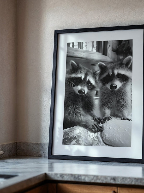 Waschbären Backstube Schwarzweiß