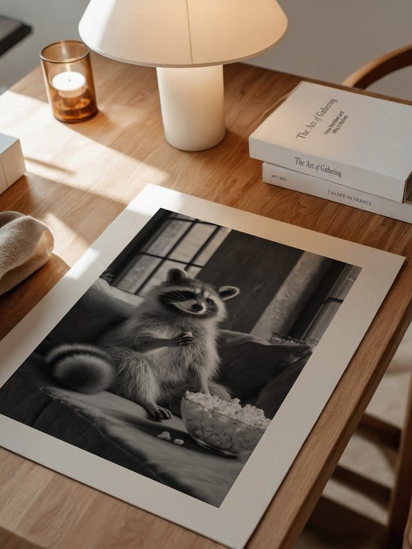 Waschbär mit Popcorn Schwarzweiß