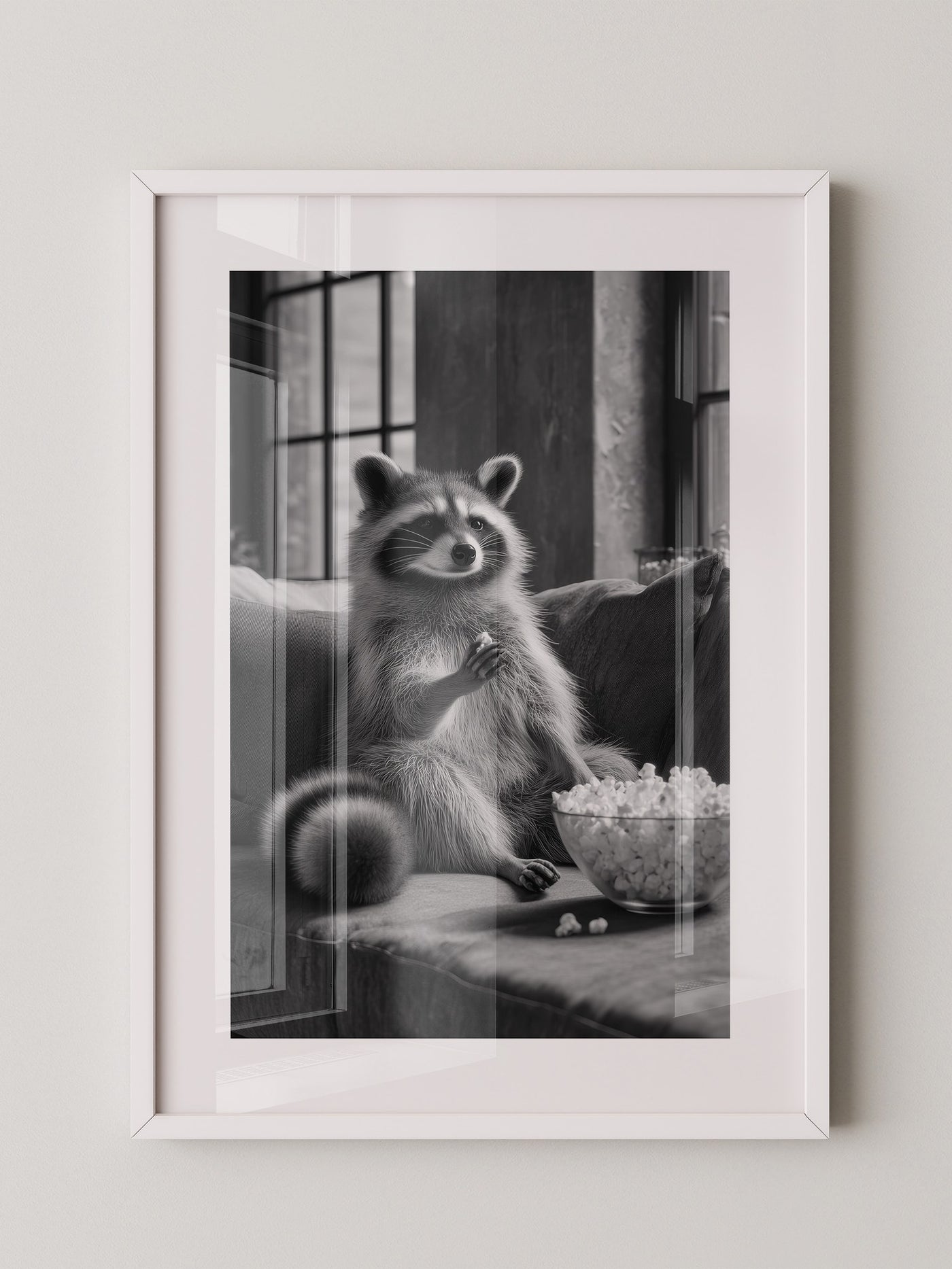 Waschbär mit Popcorn Schwarzweiß