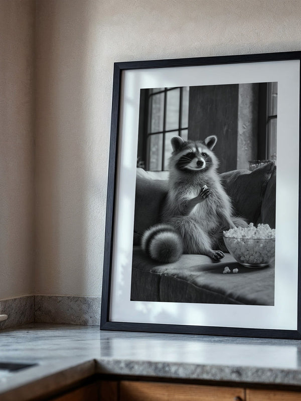 Waschbär mit Popcorn Schwarzweiß