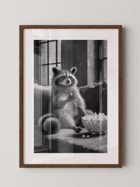 Waschbär mit Popcorn Schwarzweiß