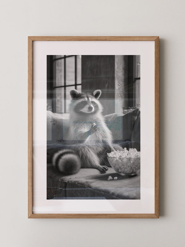 Waschbär mit Popcorn Schwarzweiß