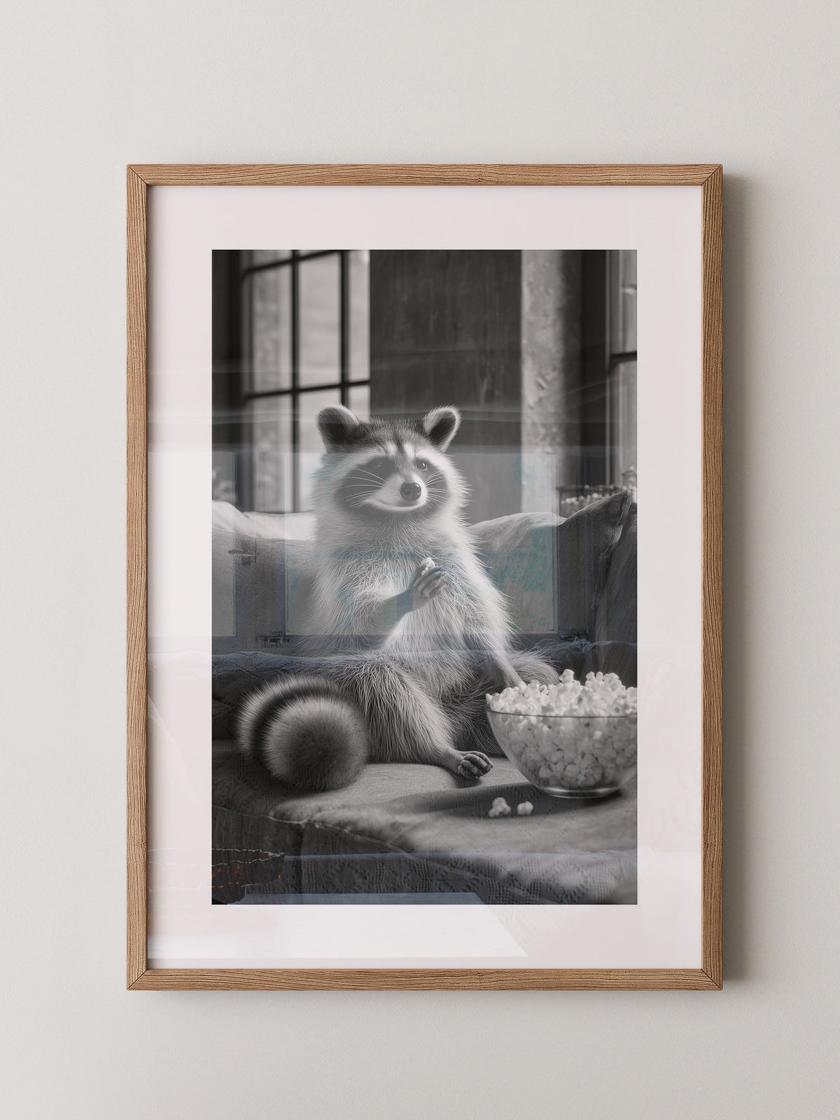 Waschbär mit Popcorn Schwarzweiß