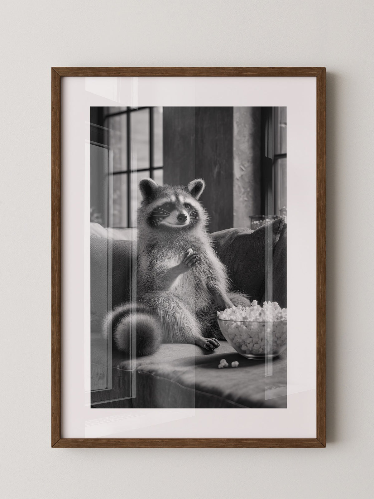 Waschbär mit Popcorn Schwarzweiß