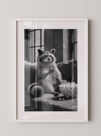 Waschbär mit Popcorn Schwarzweiß