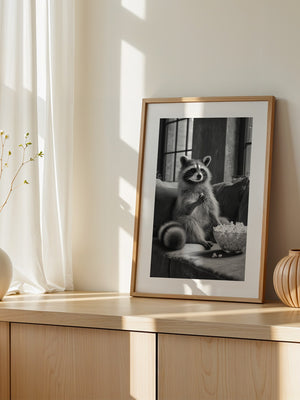 Waschbär mit Popcorn Schwarzweiß