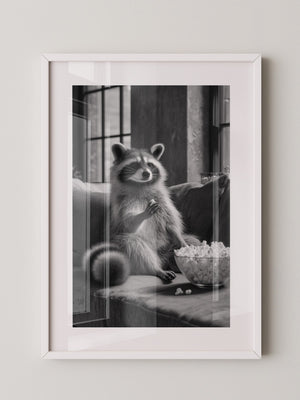 Waschbär mit Popcorn Schwarzweiß