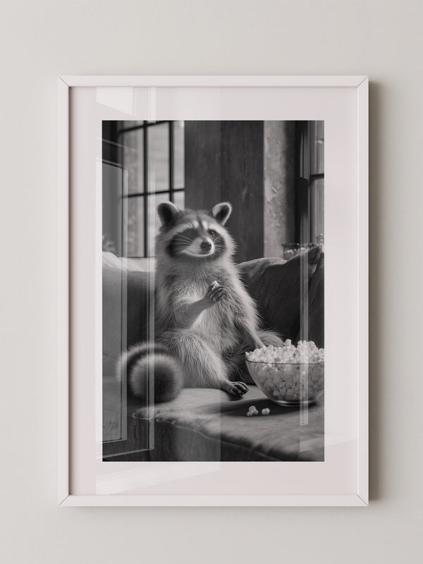 Waschbär mit Popcorn Schwarzweiß