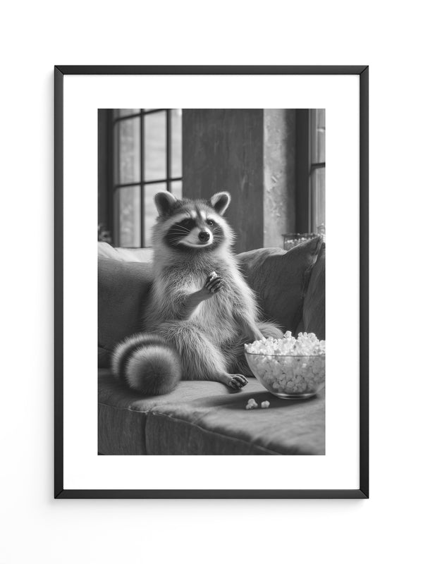 Waschbär mit Popcorn Schwarzweiß