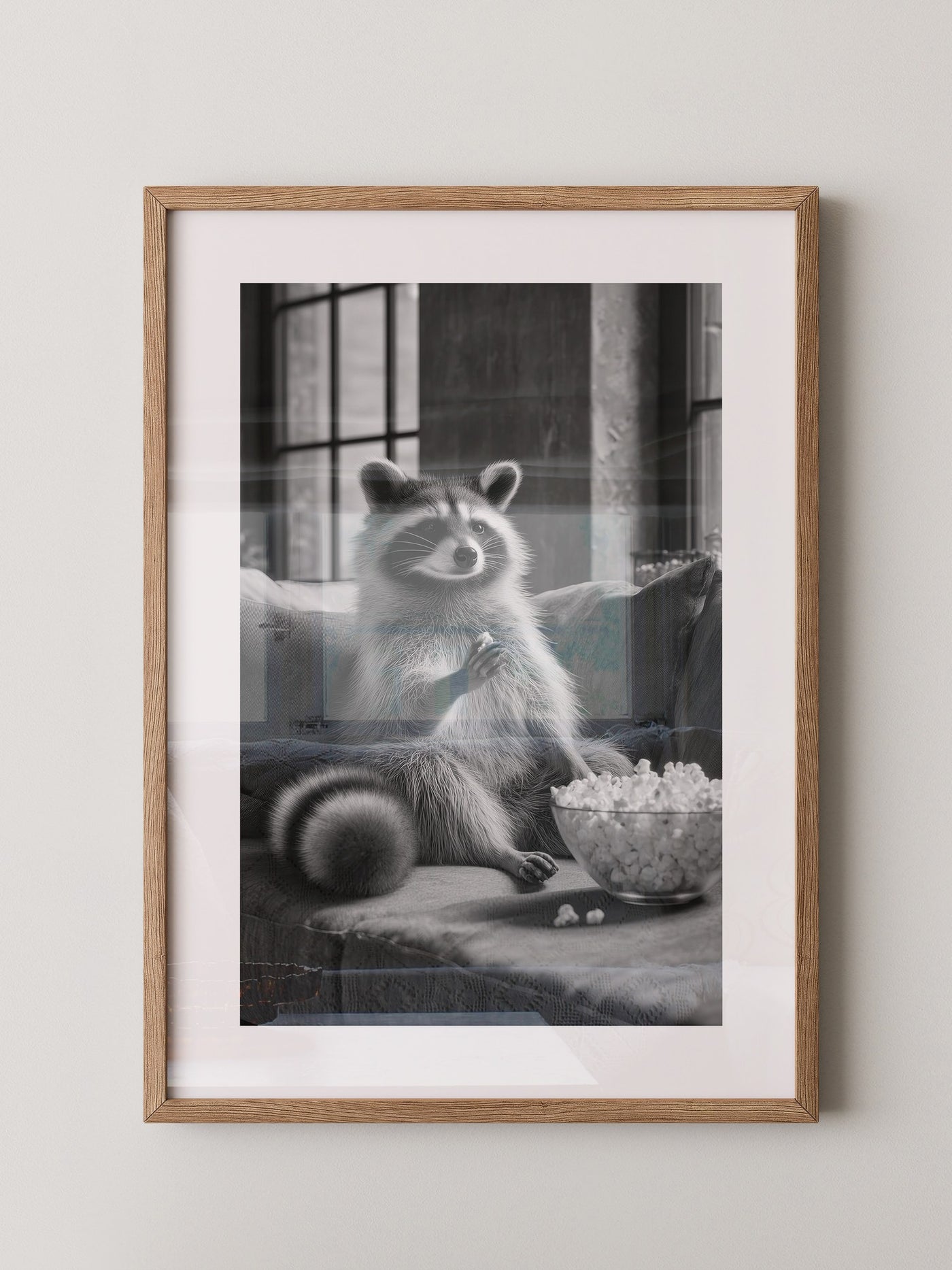 Waschbär mit Popcorn Schwarzweiß