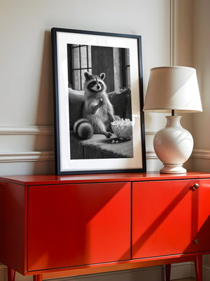 Waschbär mit Popcorn Schwarzweiß