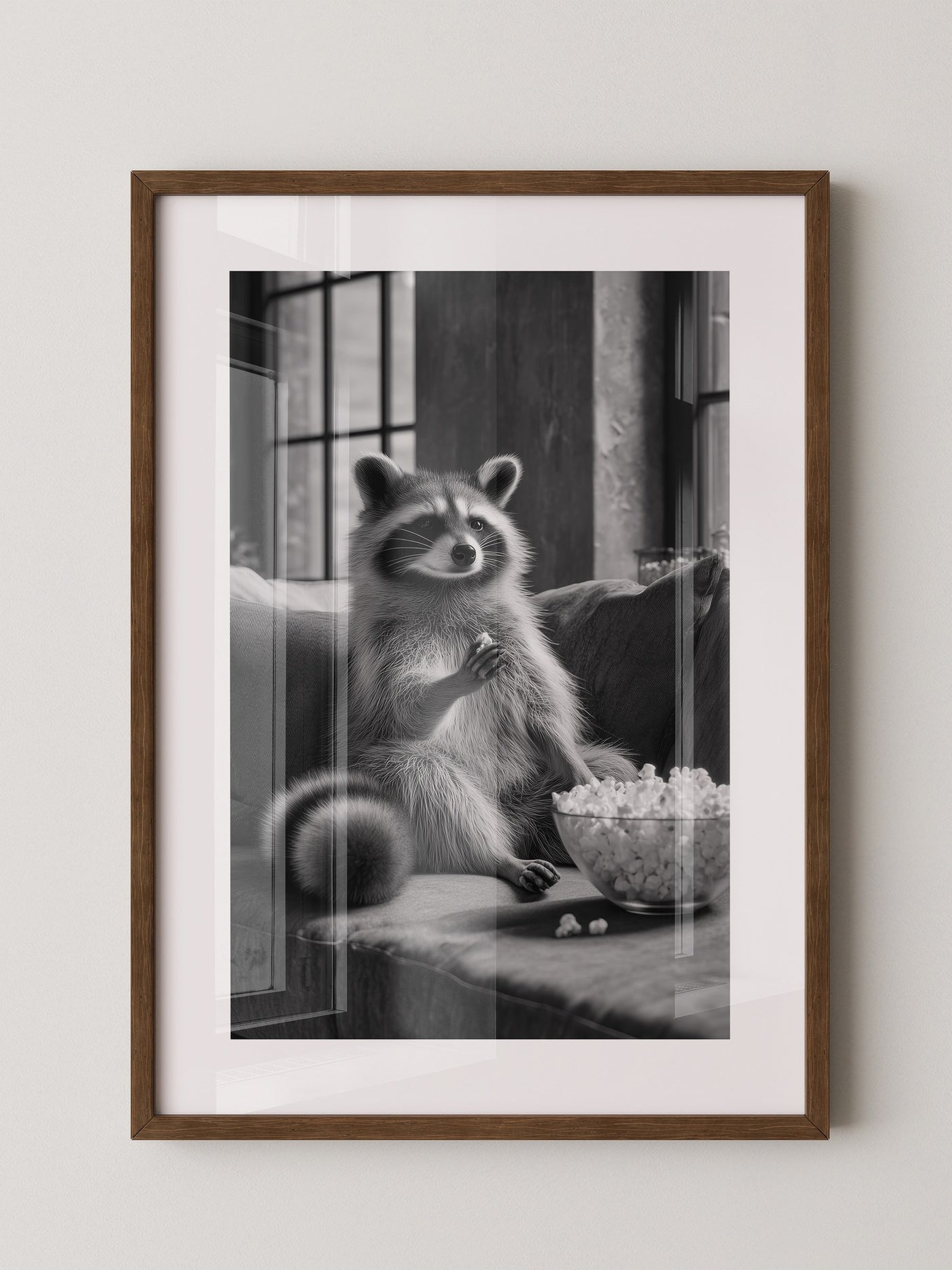 Waschbär mit Popcorn Schwarzweiß