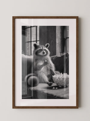 Waschbär mit Popcorn Schwarzweiß