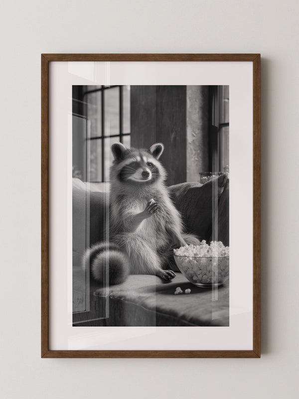 Waschbär mit Popcorn Schwarzweiß