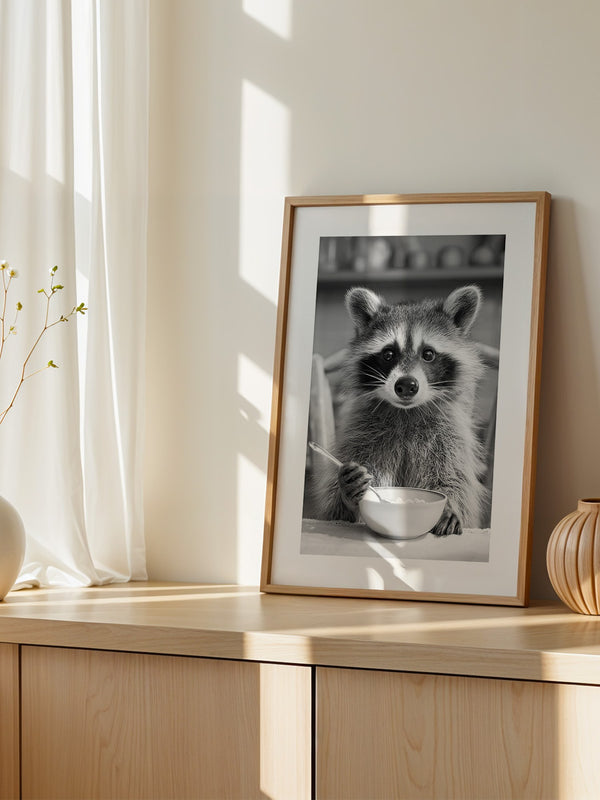 Waschbär Frühstück Schwarzweiß