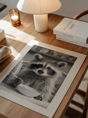 Waschbär Frühstück Schwarzweiß