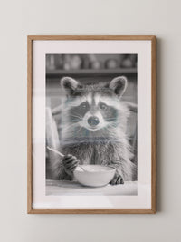 Waschbär Frühstück Schwarzweiß