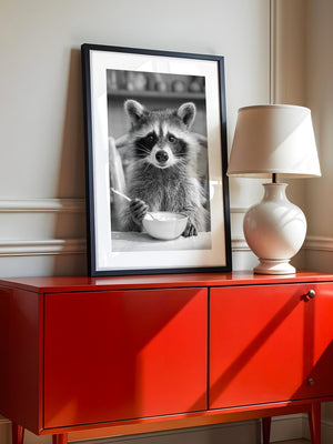 Waschbär Frühstück Schwarzweiß