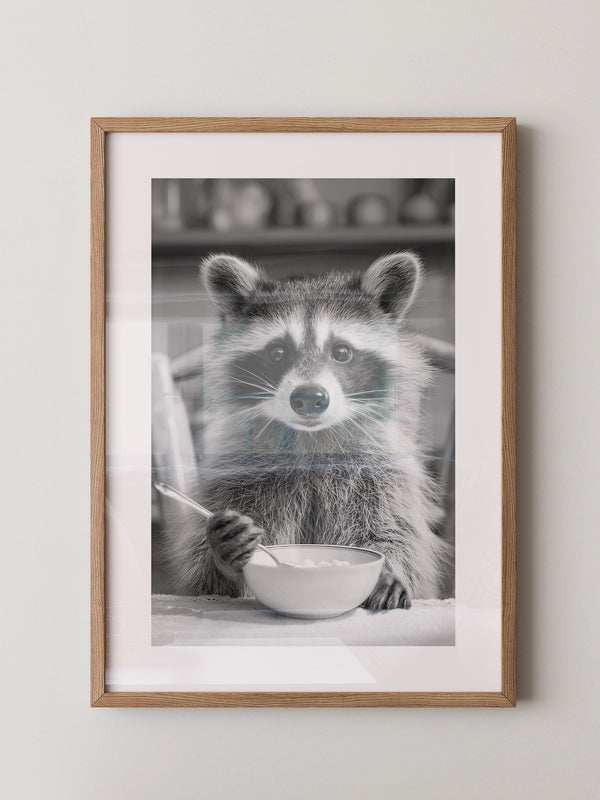 Waschbär Frühstück Schwarzweiß