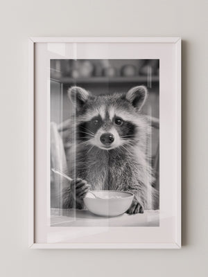 Waschbär Frühstück Schwarzweiß