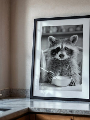 Waschbär Frühstück Schwarzweiß