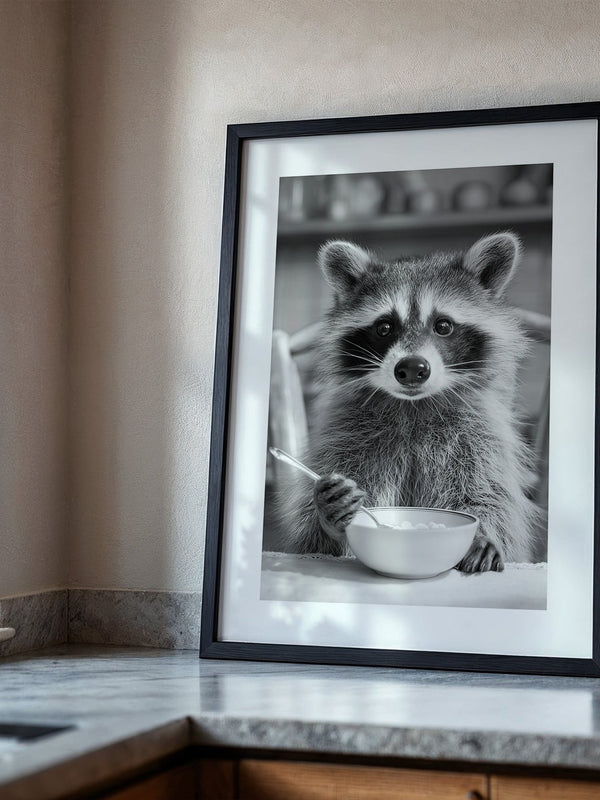 Waschbär Frühstück Schwarzweiß