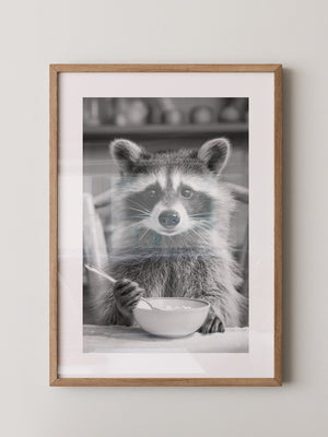 Waschbär Frühstück Schwarzweiß