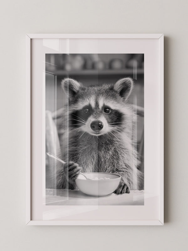 Waschbär Frühstück Schwarzweiß